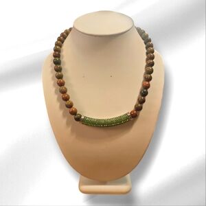 Vintage Jasper Beaded Necklace Magnetic Clasp.Neon Green Crystal Center Piece.